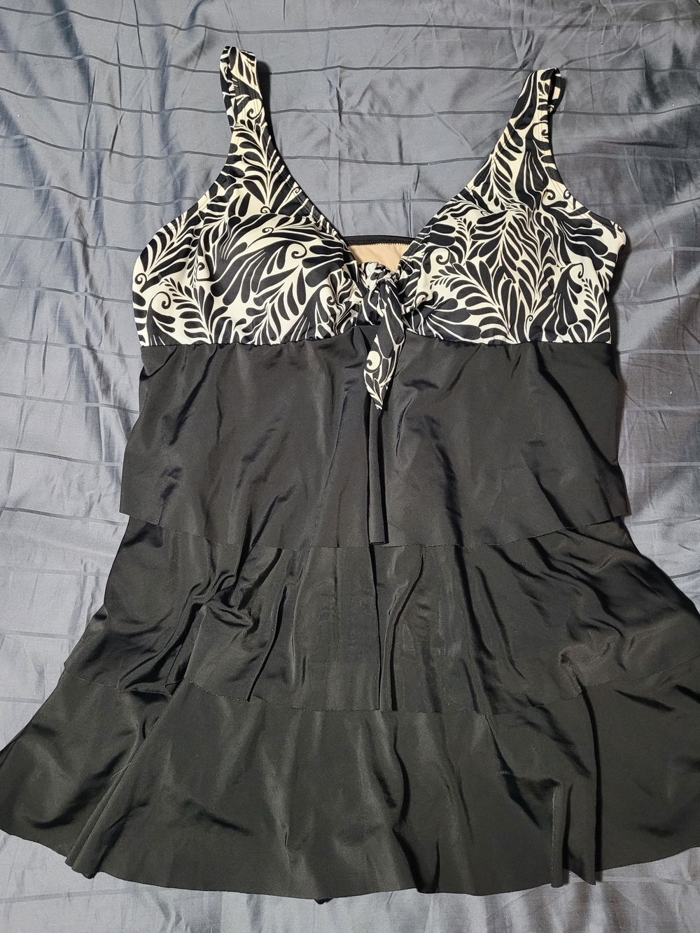 Black Tiered Swimdress with Black & White Leaf Print Bust